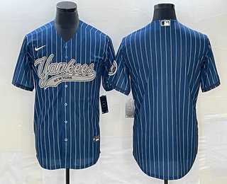 Mens New York Yankees Big Logo Navy Blue Pinstripe Cool Base Stitched Baseball Jersey->new york yankees->MLB Jersey